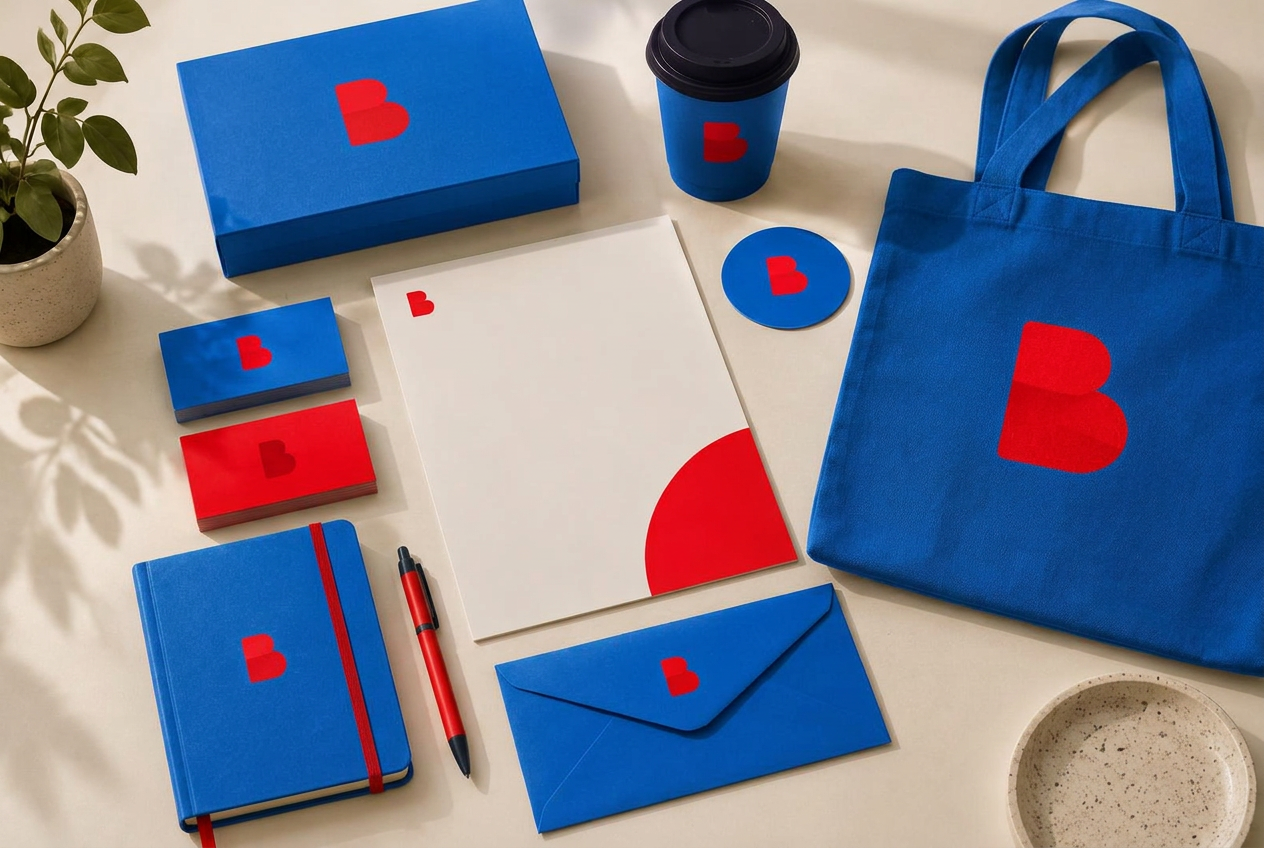 A complete blue and red brand identity: cards, letterhead, notebook, packaging and tote